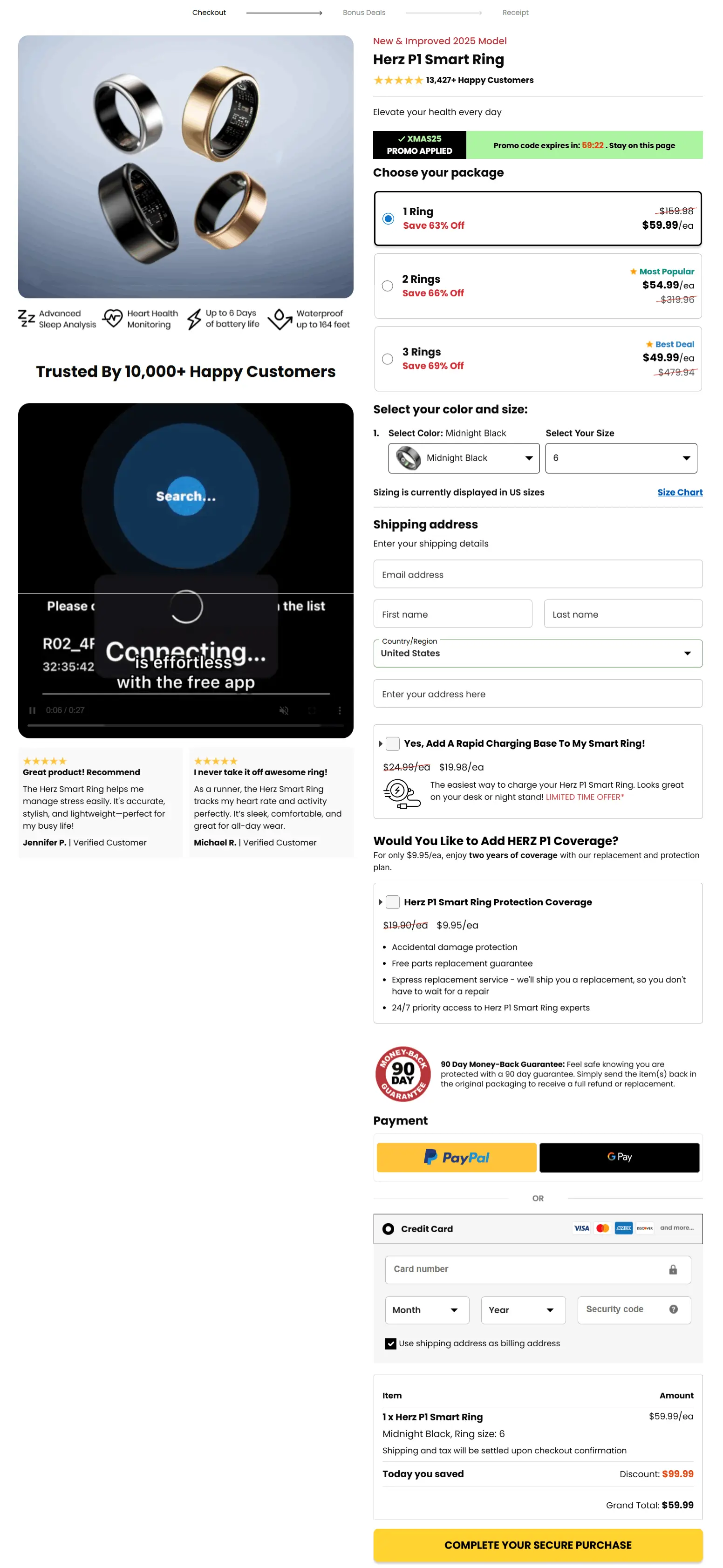 Herz P1 Smart Ring secure checkout page